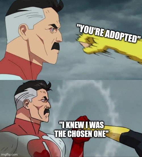 Omni Man blocks punch | "YOU'RE ADOPTED"; "I KNEW I WAS THE CHOSEN ONE" | image tagged in omni man blocks punch | made w/ Imgflip meme maker