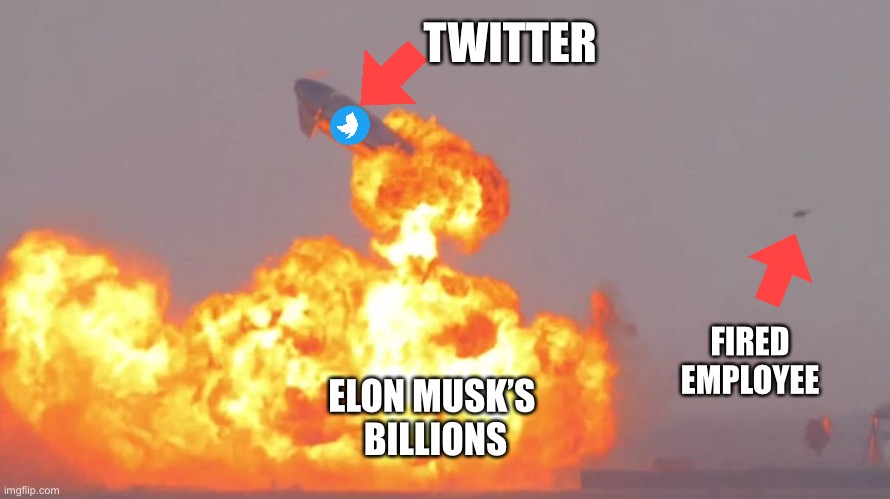 Hey, Elon, how is your new investment going? | TWITTER; FIRED EMPLOYEE; ELON MUSK’S 
BILLIONS | image tagged in twitter,elon musk | made w/ Imgflip meme maker
