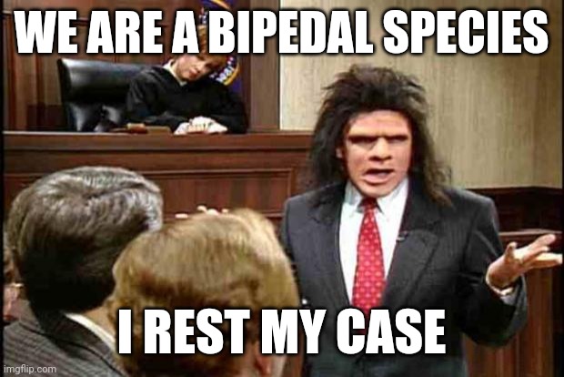 The case for walking | WE ARE A BIPEDAL SPECIES; I REST MY CASE | image tagged in unfrozen caveman lawyer | made w/ Imgflip meme maker