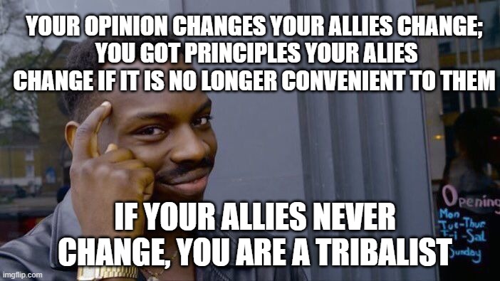 Roll Safe Think About It | YOUR OPINION CHANGES YOUR ALLIES CHANGE;
 YOU GOT PRINCIPLES YOUR ALIES CHANGE IF IT IS NO LONGER CONVENIENT TO THEM; IF YOUR ALLIES NEVER CHANGE, YOU ARE A TRIBALIST | image tagged in memes,roll safe think about it | made w/ Imgflip meme maker