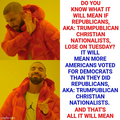 The Majority Doesn't Want To Give Up Their Rights For Trumpublican Christian Nationalist Fascist Ideals Like The Trump Cult Does | DO YOU KNOW WHAT IT WILL MEAN IF REPUBLICANS, AKA: TRUMPUBLICAN CHRISTIAN NATIONALISTS, LOSE ON TUESDAY? IT WILL MEAN MORE AMERICANS VOTED FOR DEMOCRATS THAN THEY DID REPUBLICANS, AKA: TRUMPUBLICAN CHRISTIAN NATIONALISTS. AND THAT'S ALL IT WILL MEAN | image tagged in memes,drake hotline bling,vote for democrats,save the usa from trump fascists,vote democratic,democrats | made w/ Imgflip meme maker