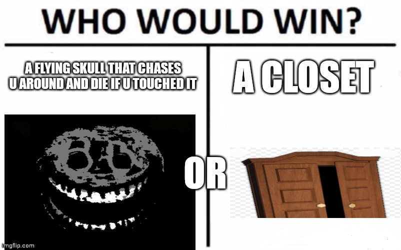 Rush vs Closet. Who would win? (Lol its the closet idiot) | A FLYING SKULL THAT CHASES U AROUND AND DIE IF U TOUCHED IT; A CLOSET; OR | image tagged in memes,who would win | made w/ Imgflip meme maker