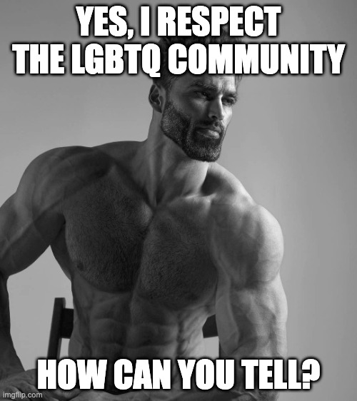 sitting giga chad | YES, I RESPECT THE LGBTQ COMMUNITY; HOW CAN YOU TELL? | image tagged in sitting giga chad | made w/ Imgflip meme maker