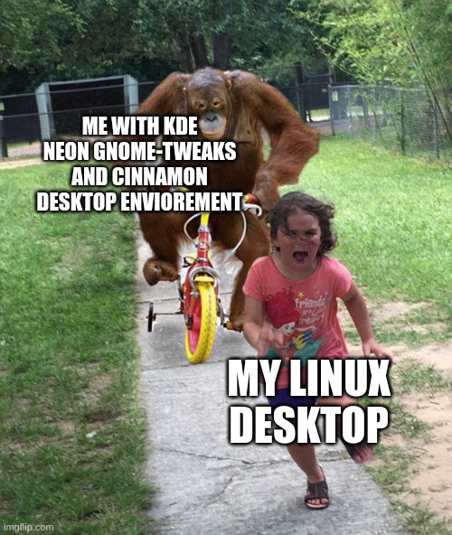 Well Themez are what you need |  ME WITH KDE NEON GNOME-TWEAKS AND CINNAMON DESKTOP ENVIOREMENT; MY LINUX DESKTOP | image tagged in orangutan chasing girl on a tricycle,linux | made w/ Imgflip meme maker