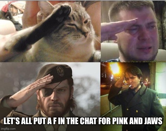 F | LET’S ALL PUT A F IN THE CHAT FOR PINK AND JAWS | image tagged in crying salute,memes,f in the chat | made w/ Imgflip meme maker
