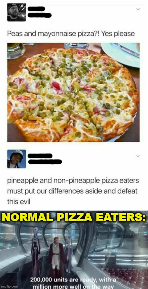 Destroy that abomination | NORMAL PIZZA EATERS: | image tagged in 200 000 units are ready with a million more well on the way,pizza,mayonnaise,peas,funny,memes | made w/ Imgflip meme maker
