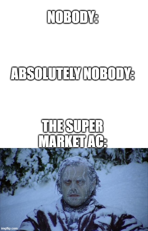 Why put the frozen meat in the fridge | NOBODY:; ABSOLUTELY NOBODY:; THE SUPER MARKET AC: | image tagged in memes,blank transparent square,cold | made w/ Imgflip meme maker