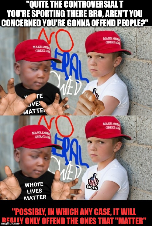 The matters |  "QUITE THE CONTROVERSIAL T YOU'RE SPORTING THERE BRO, AREN'T YOU CONCERNED YOU'RE GONNA OFFEND PEOPLE?"; "POSSIBLY, IN WHICH ANY CASE, IT WILL REALLY ONLY OFFEND THE ONES THAT "MATTER" | image tagged in blm,racism,woke,triggered liberal,controversial,third world skeptical kid | made w/ Imgflip meme maker
