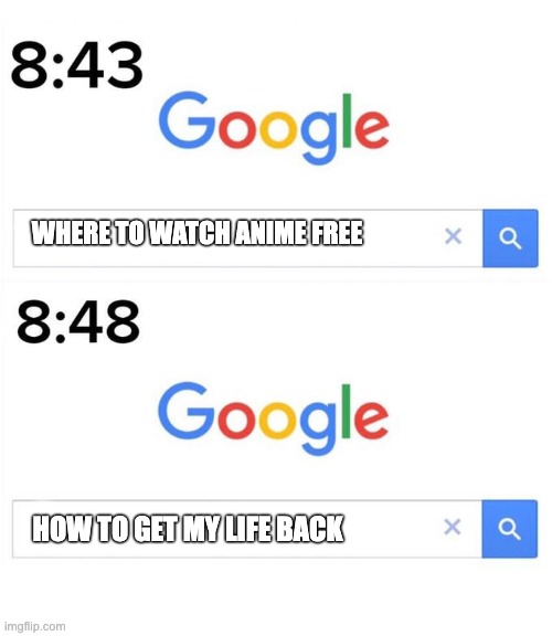 Never Search | WHERE TO WATCH ANIME FREE; HOW TO GET MY LIFE BACK | image tagged in google before after,anime | made w/ Imgflip meme maker