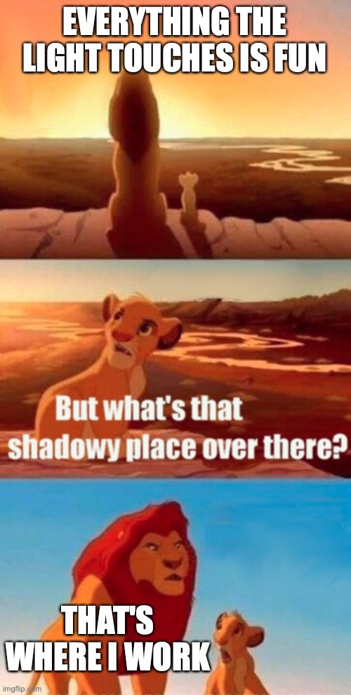 Simba Shadowy Place Meme | EVERYTHING THE LIGHT TOUCHES IS FUN; THAT'S WHERE I WORK | image tagged in memes,simba shadowy place | made w/ Imgflip meme maker