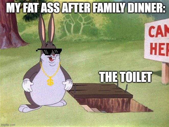 Big Chungus | MY FAT ASS AFTER FAMILY DINNER:; THE TOILET | image tagged in big chungus | made w/ Imgflip meme maker