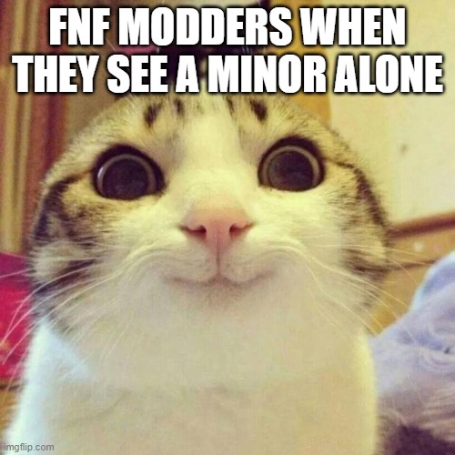HELP | FNF MODDERS WHEN THEY SEE A MINOR ALONE | image tagged in memes,smiling cat | made w/ Imgflip meme maker
