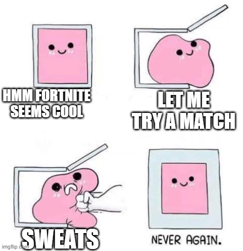 there even in zero build :( | HMM FORTNITE SEEMS COOL; LET ME TRY A MATCH; SWEATS | image tagged in never again,fortnite | made w/ Imgflip meme maker