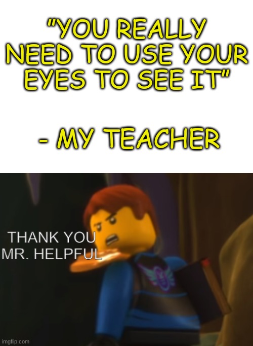Thanks teach | ”YOU REALLY NEED TO USE YOUR EYES TO SEE IT”; - MY TEACHER | image tagged in thank you mr helpful | made w/ Imgflip meme maker