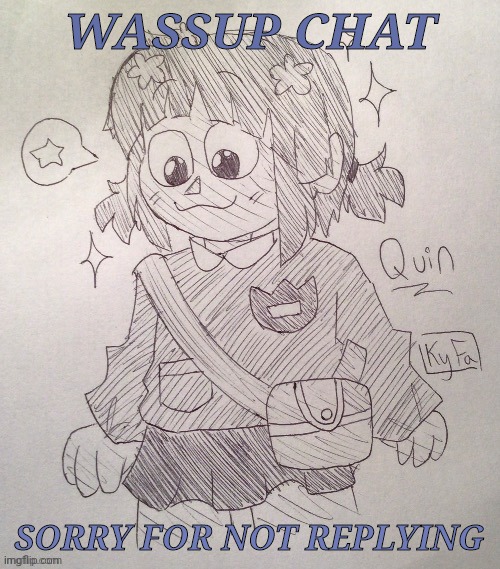 Quin drawn by KyFa | WASSUP CHAT; SORRY FOR NOT REPLYING | image tagged in quin drawn by kyfa | made w/ Imgflip meme maker