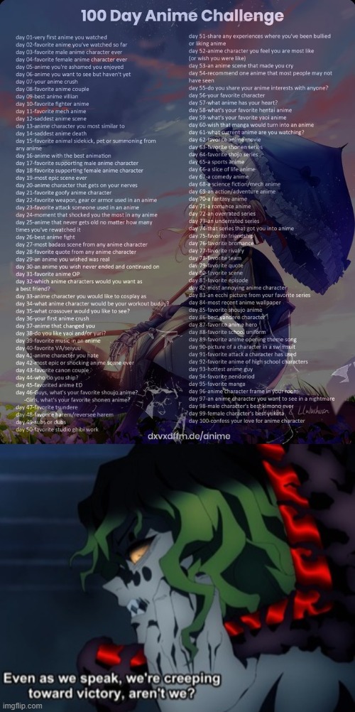 Day 20: This Bitch | image tagged in 100 day anime challenge,we re creeping toward victory | made w/ Imgflip meme maker