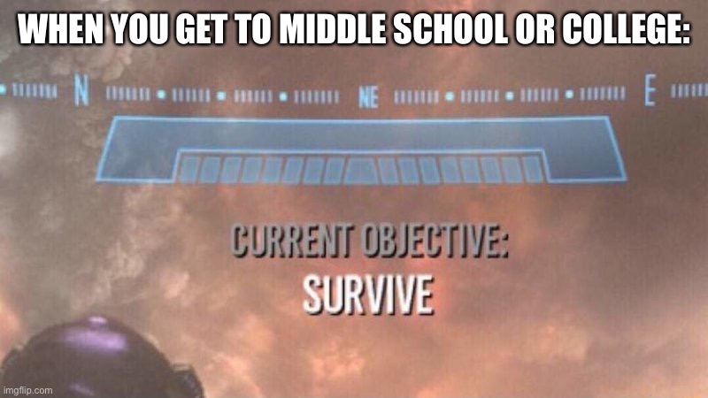Current Objective: Survive | WHEN YOU GET TO MIDDLE SCHOOL OR COLLEGE: | image tagged in current objective survive,school | made w/ Imgflip meme maker