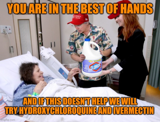 bleach injections | YOU ARE IN THE BEST OF HANDS AND IF THIS DOESN'T HELP WE WILL TRY HYDROXYCHLOROQUINE AND IVERMECTIN | image tagged in bleach injections | made w/ Imgflip meme maker