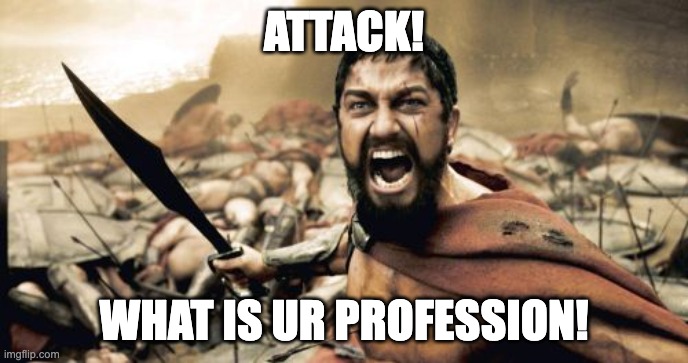 Attack!! What is ur profession!! | ATTACK! WHAT IS UR PROFESSION! | image tagged in memes,sparta leonidas | made w/ Imgflip meme maker