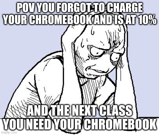 This happened to me just a few days ago | POV YOU FORGOT TO CHARGE YOUR CHROMEBOOK AND IS AT 10%; AND THE NEXT CLASS YOU NEED YOUR CHROMEBOOK | image tagged in stressed meme | made w/ Imgflip meme maker