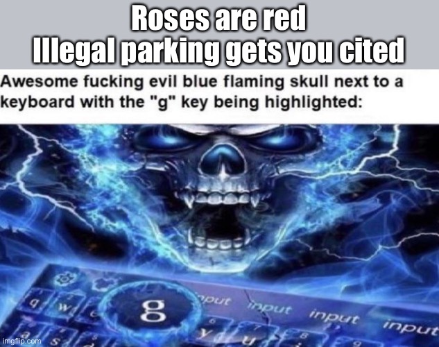 Roses are red | Roses are red
Illegal parking gets you cited | image tagged in awesome evil blue flaming skull next to a keyboard with g | made w/ Imgflip meme maker