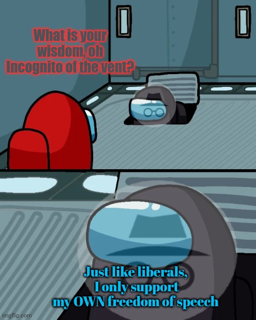 impostor of the vent | What is your wisdom, oh Incognito of the vent? Just like liberals,  I only support my OWN freedom of speech | image tagged in impostor of the vent | made w/ Imgflip meme maker