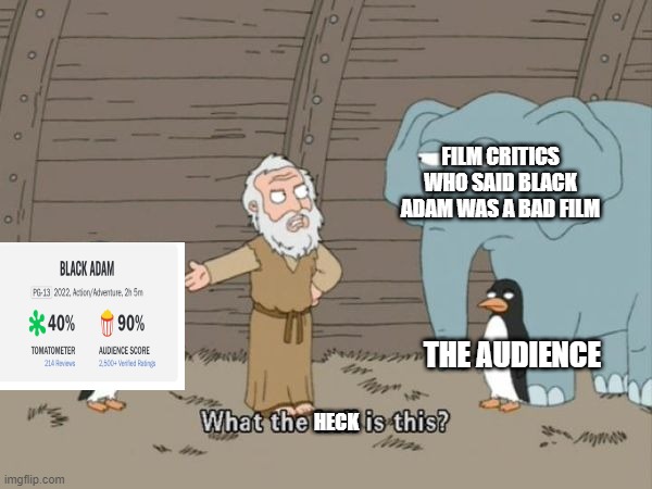 Black Adam was actually a good movie. | FILM CRITICS WHO SAID BLACK ADAM WAS A BAD FILM; THE AUDIENCE; HECK | image tagged in what the hell is this,black adam,rotten tomatoes,memes,dc comics,family guy | made w/ Imgflip meme maker