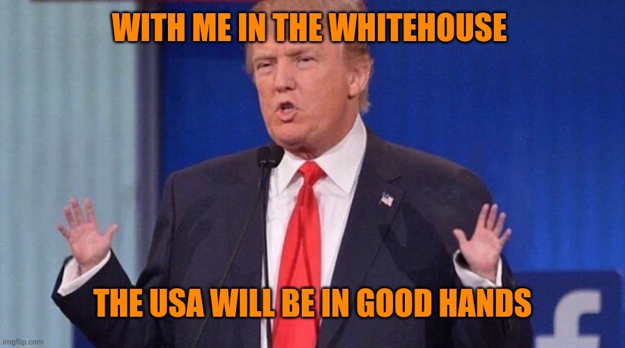 Trump Tiny Hands | WITH ME IN THE WHITEHOUSE THE USA WILL BE IN GOOD HANDS | image tagged in trump tiny hands | made w/ Imgflip meme maker