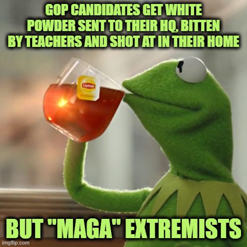 But That's None Of My Business |  GOP CANDIDATES GET WHITE POWDER SENT TO THEIR HQ, BITTEN BY TEACHERS AND SHOT AT IN THEIR HOME; BUT "MAGA" EXTREMISTS | image tagged in memes,but that's none of my business,kermit the frog | made w/ Imgflip meme maker
