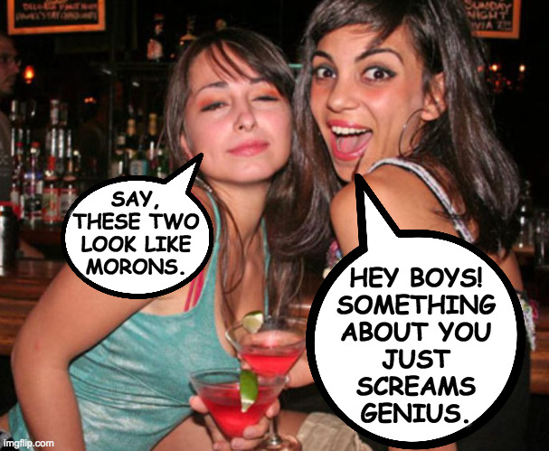 SAY,
THESE TWO
LOOK LIKE
MORONS. HEY BOYS!
SOMETHING
ABOUT YOU
JUST
SCREAMS
GENIUS. | made w/ Imgflip meme maker