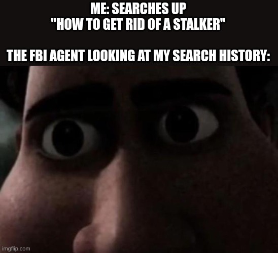 They are everywhere |  ME: SEARCHES UP "HOW TO GET RID OF A STALKER"
 
THE FBI AGENT LOOKING AT MY SEARCH HISTORY: | image tagged in titan stare | made w/ Imgflip meme maker