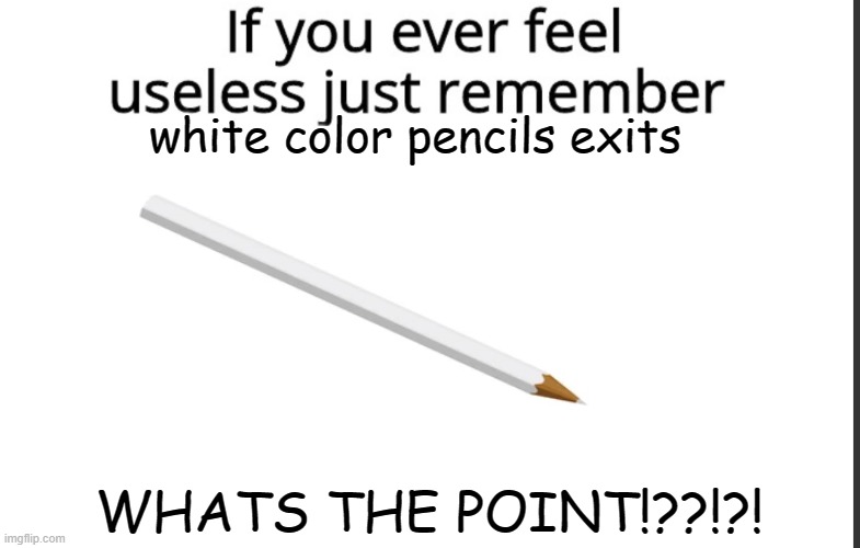 worst thing in the multiverse | white color pencils exits; WHATS THE POINT!??!?! | image tagged in if you feel useless just remember | made w/ Imgflip meme maker