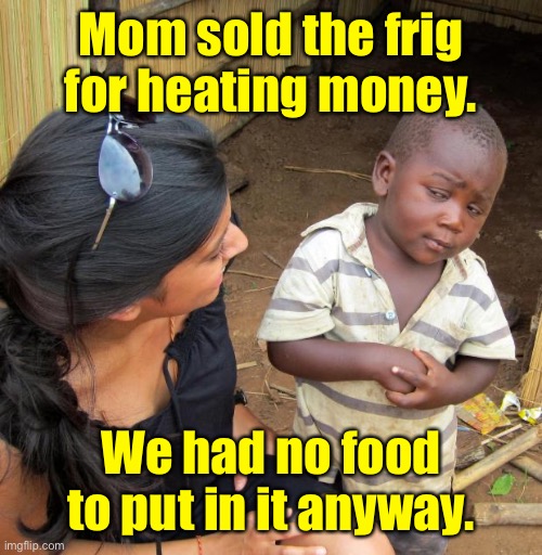 3rd World Sceptical Child | Mom sold the frig for heating money. We had no food to put in it anyway. | image tagged in 3rd world sceptical child | made w/ Imgflip meme maker