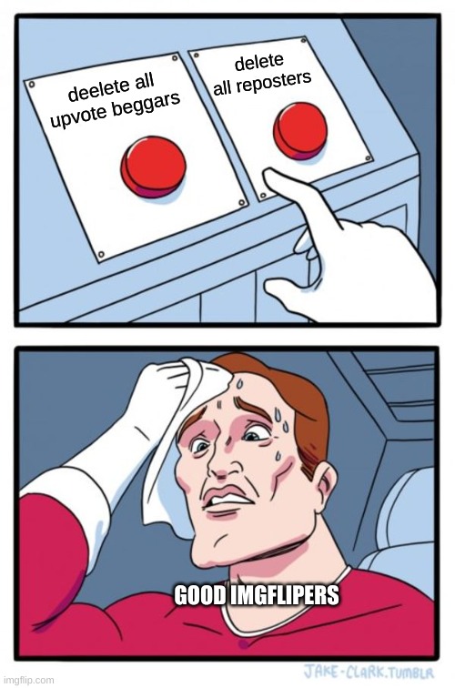 Two Buttons Meme | delete all reposters; deelete all upvote beggars; GOOD IMGFLIPERS | image tagged in memes,two buttons | made w/ Imgflip meme maker