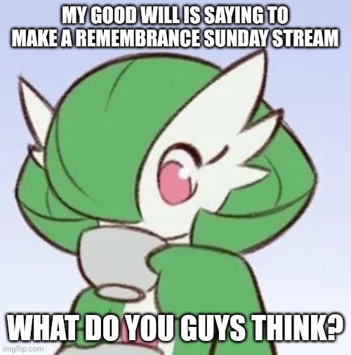 . | MY GOOD WILL IS SAYING TO MAKE A REMEMBRANCE SUNDAY STREAM; WHAT DO YOU GUYS THINK? | image tagged in gardevoir sipping tea | made w/ Imgflip meme maker