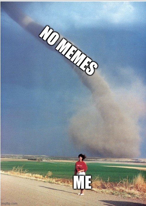Tornado = No meme; Me, who is running from the No meme tornado | NO MEMES; ME | image tagged in uh lady tornado,no memes,memes,tornado,weather | made w/ Imgflip meme maker