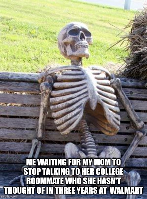 my mom at walmart | ME WAITING FOR MY MOM TO STOP TALKING TO HER COLLEGE ROOMMATE WHO SHE HASN'T THOUGHT OF IN THREE YEARS AT  WALMART | image tagged in memes,waiting skeleton | made w/ Imgflip meme maker