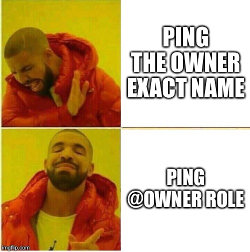 Discord people | PING THE OWNER EXACT NAME; PING @OWNER ROLE | image tagged in drake hotline approves | made w/ Imgflip meme maker