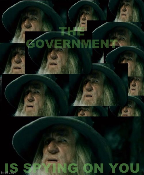 The Government IS Spying On You | THE GOVERNMENT; IS SPYING ON YOU | image tagged in confused gandalf array,confused gandalf,spying,surveillance,government corruption,criminals | made w/ Imgflip meme maker