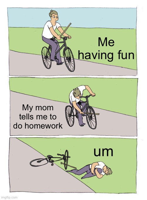 Bike Fall Meme | Me having fun; My mom tells me to do homework; um | image tagged in memes,bike fall | made w/ Imgflip meme maker