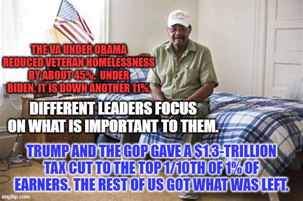 Vote for people who put our Veterans' needs ahead of those of the rich. | THE VA UNDER OBAMA REDUCED VETERAN HOMELESSNESS BY ABOUT 45%.  UNDER BIDEN, IT IS DOWN ANOTHER 11%. DIFFERENT LEADERS FOCUS ON WHAT IS IMPORTANT TO THEM. TRUMP AND THE GOP GAVE A $1.3-TRILLION TAX CUT TO THE TOP 1/10TH OF 1% OF EARNERS. THE REST OF US GOT WHAT WAS LEFT. | image tagged in politics | made w/ Imgflip meme maker