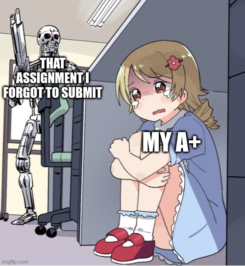 Anime Girl Hiding from Terminator | THAT ASSIGNMENT I FORGOT TO SUBMIT; MY A+ | image tagged in anime girl hiding from terminator | made w/ Imgflip meme maker