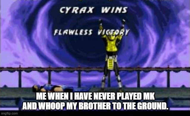 don't ever call me a noob | ME WHEN I HAVE NEVER PLAYED MK AND WHOOP MY BROTHER TO THE GROUND. | image tagged in mortal combat | made w/ Imgflip meme maker