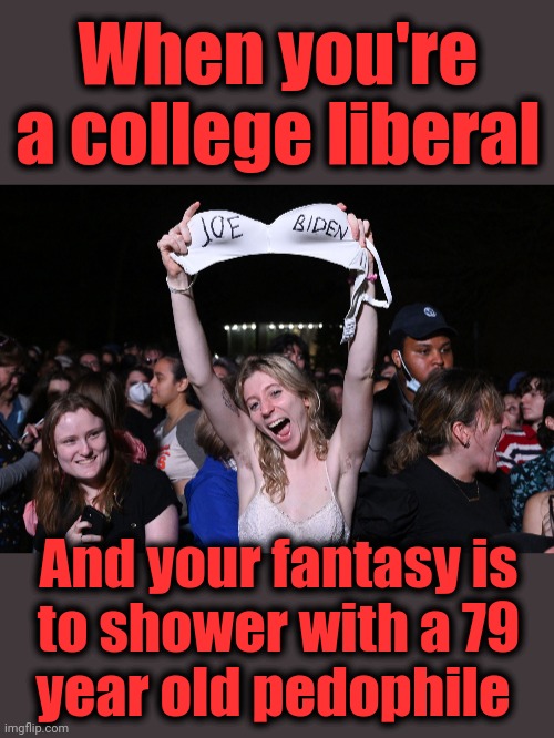 Thank you for that display, which certainly sickened everyone who saw it | When you're a college liberal; And your fantasy is
to shower with a 79
year old pedophile | image tagged in memes,joe biden,democrats,college liberal,bra,pedophile | made w/ Imgflip meme maker