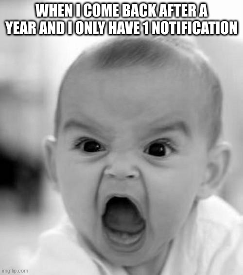 this actually happened | WHEN I COME BACK AFTER A YEAR AND I ONLY HAVE 1 NOTIFICATION | image tagged in mad baby | made w/ Imgflip meme maker