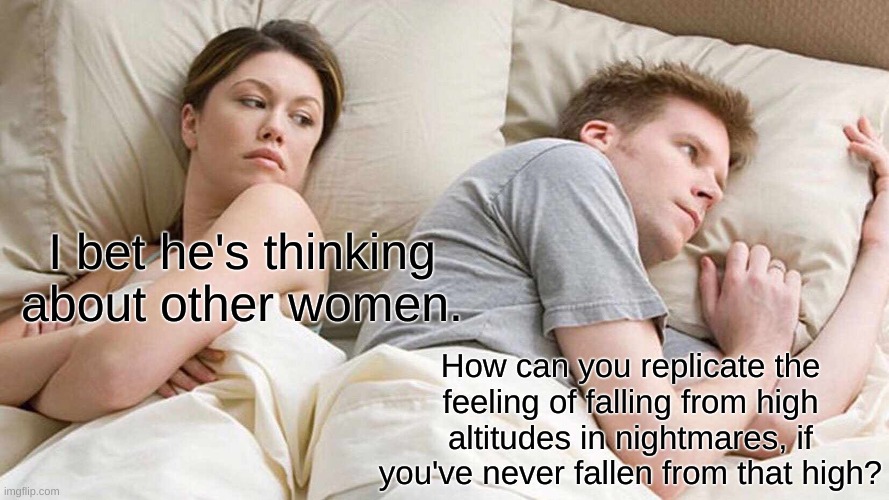 I Don't Know How | I bet he's thinking about other women. How can you replicate the feeling of falling from high altitudes in nightmares, if you've never fallen from that high? | image tagged in memes,i bet he's thinking about other women | made w/ Imgflip meme maker