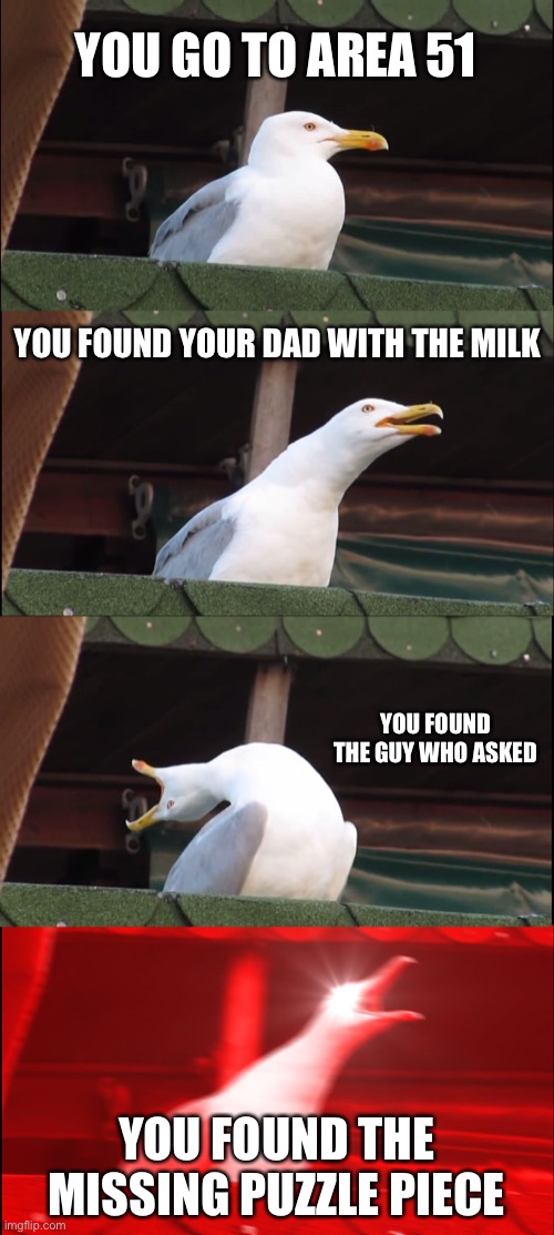 Area 51 | YOU GO TO AREA 51; YOU FOUND YOUR DAD WITH THE MILK; YOU FOUND THE GUY WHO ASKED; YOU FOUND THE MISSING PUZZLE PIECE | image tagged in memes,inhaling seagull | made w/ Imgflip meme maker