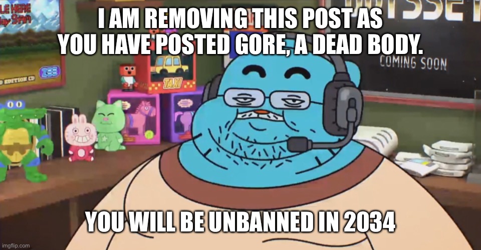 discord moderator | I AM REMOVING THIS POST AS YOU HAVE POSTED GORE, A DEAD BODY. YOU WILL BE UNBANNED IN 2034 | image tagged in discord moderator | made w/ Imgflip meme maker