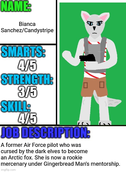 Candystripe | Bianca Sanchez/Candystripe; 4/5; 3/5; 4/5; A former Air Force pilot who was cursed by the dark elves to become an Arctic fox. She is now a rookie mercenary under Gingerbread Man's mentorship. | image tagged in antiboss-heroes template,candystripe | made w/ Imgflip meme maker