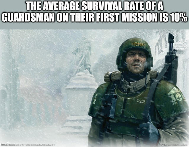 40k imperial guardsman snow | THE AVERAGE SURVIVAL RATE OF A GUARDSMAN ON THEIR FIRST MISSION IS 10% | image tagged in 40k imperial guardsman snow | made w/ Imgflip meme maker